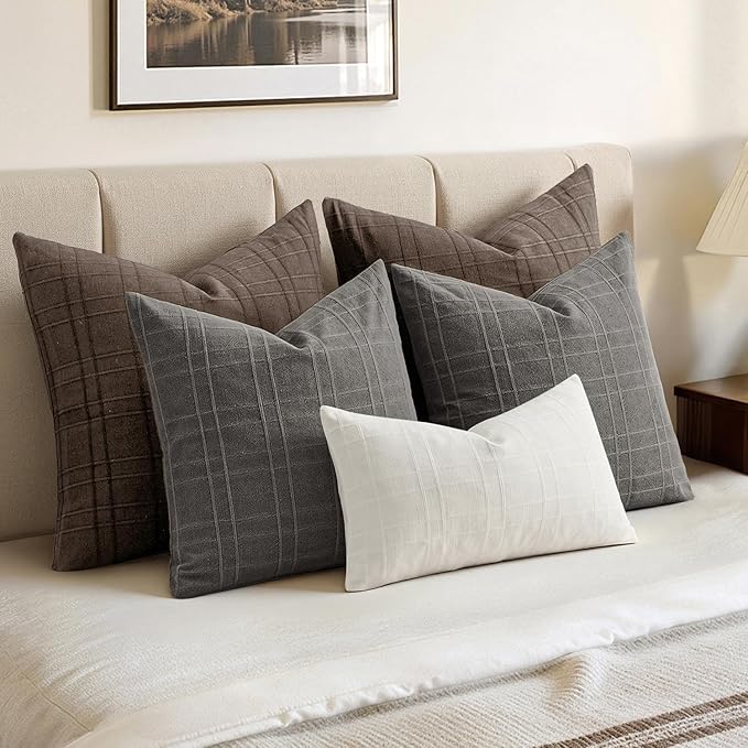 MIULEE Decorative Linen Check Lumar Throw Pillow Covers Neutral Farmhouse Vintage Pillow Covers 20x20 Inch Set of 2 Boho Modern Home Decor for Sofa Couch Bedroom Cushion Chair Charcoal Gray