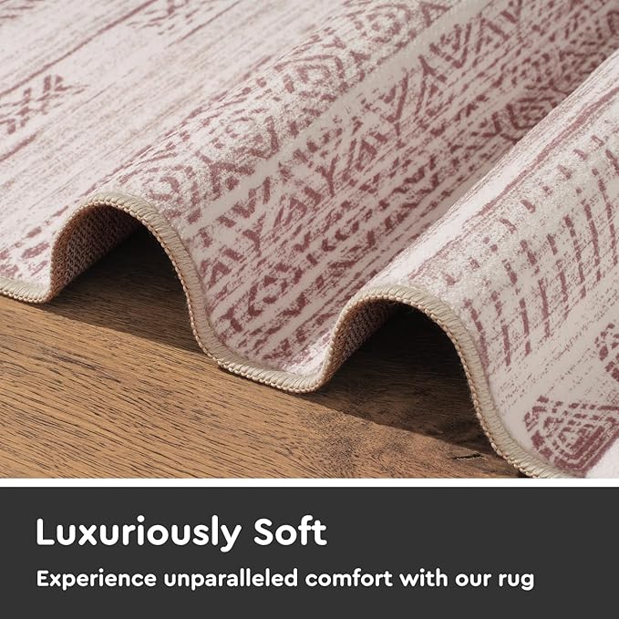 2x10 Runner Rug Machine Washable Non Slip Area Rug Distressed Neutral Moroccan Boho Rug Ultra Soft Floor Runners for Hallways for Entryway Laundry Room Kitchen, Pink