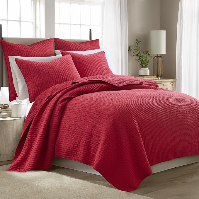 Levtex Home Cross Stitch Reversible King/Cal King Quilt Set (106x92in) with 2 Pillow Shams (36x20in) - Stitch Texture - Chile Red - Cotton King Size Quilt Bedding Set - Lightweight, Soft, Pre-Washed