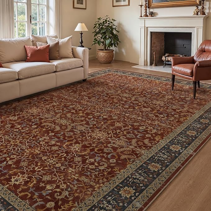 Living Room Rug 8x10 Deep Burnt Orange, Washable Non Slip Low Pile Thin Carpet for Dining Room, Vintage Print Area Rugs for Bedroom Home Office Old Money Aesthetic