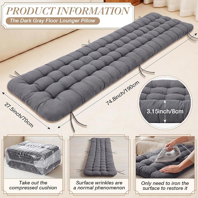 Wenqik Long Floor Cushion Large Floor Cushion with Brushed Cotton 74.8 x 27.5 x 3.15 in Jumbo Lounger Pillow for Outdoor Indoor Bay Window Meditation Yoga Reading Sleeping(Dark Gray)