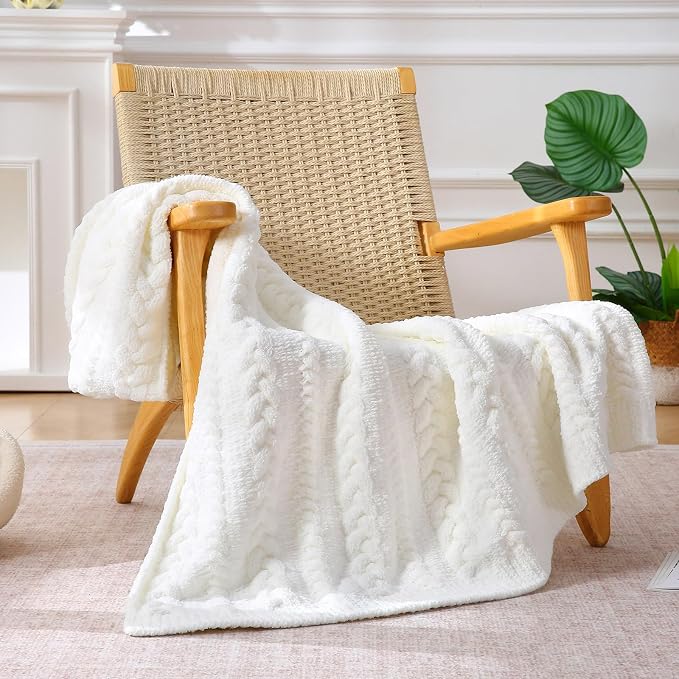 Cable Knit Throw Blanket 50x60 Inches - Chunky Knit Chenille Blanket for Couch, Bed | Warm & Cozy Winter Blanket for Living Room, Farmhouse Home Decor | Off White