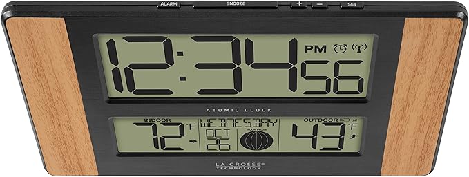 La Crosse Technology Atomic Digital Clock with Outdoor Temperature, Wood Oak, 0