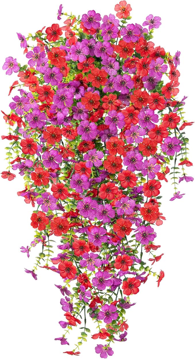 Ammyoo Artificial Hanging Flowers for Outdoors Fake Plants Decoration, 2 Packs Faux Silk Daisy Flower Realistic Outdoor Flowers UV Resistant Porch Patio Window Yard Indoor Spring Decor(Red Purple)