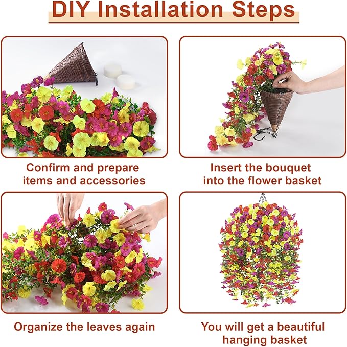 Artificial Hanging Flowers with Basket, 480 Blooms UV Resistant Faux Morning Glory Silk Plants, Fast & Easy Assembly Fake Hanging Baskets for Outdoor Porch Patio Garden Decor, Purple&Yellow&Red