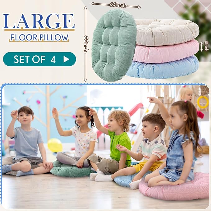 Jerify 4 Pcs Floor Pillow Cushions Large Round Square Large Meditation Floor Pillow for Classroom Adult Meditation Picnic Party Seating Learning Daycare School (Round,Light Colors)