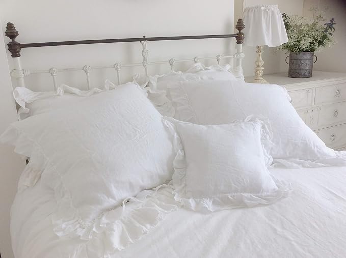 Ruffled Linen Euro Sham 26" x 26" (White) Farmhouse Decor, Super Soft
