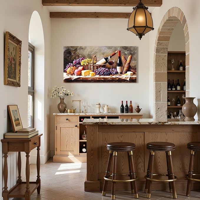 imjiayu Large Wall Art, Kitchen Wall Art, Wine Pictures Wall Decor, Framed Rustic Oil Painting Style Canvas Print, Grape Cheese Bread Still Life Wall Decor, Vintage Dining Room Home Bar Cafe Wall Art, 24"x48"
