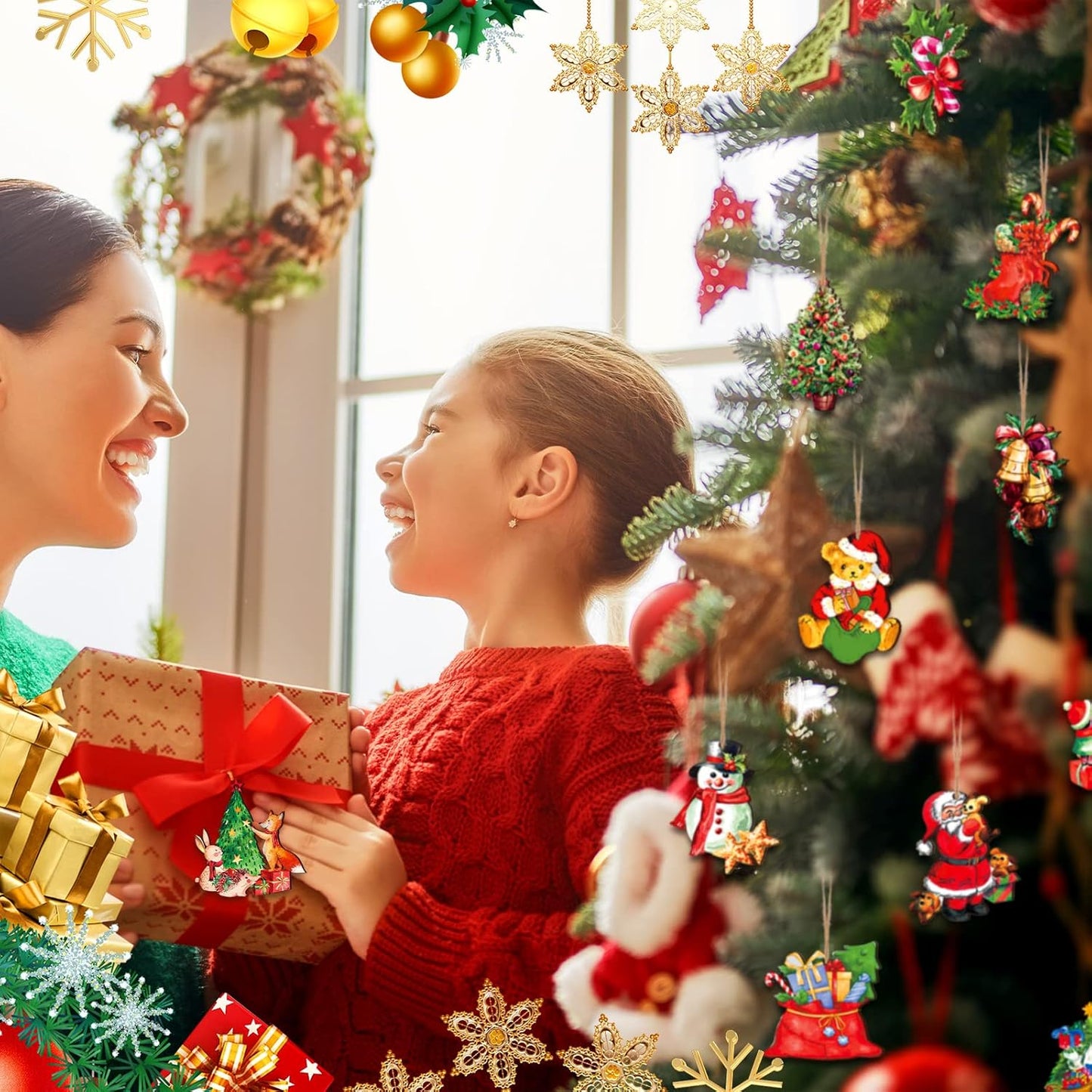 Victorian Style Wood Ornaments - 48 Pcs Christmas Decorations Hanging Santa Claus Snowman Retro Wooden Ornament