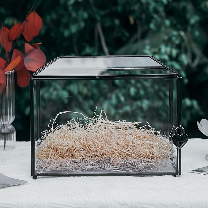 NCYP Small Wedding Glass Cards Box with Slot and Lock, 10.2 x 5.9 x 7.9 Inch, Black Geometric Cards Holder for Birthdays Party Reception, Wishing Well - Slot Length 6.3'' (Glass Box Only)