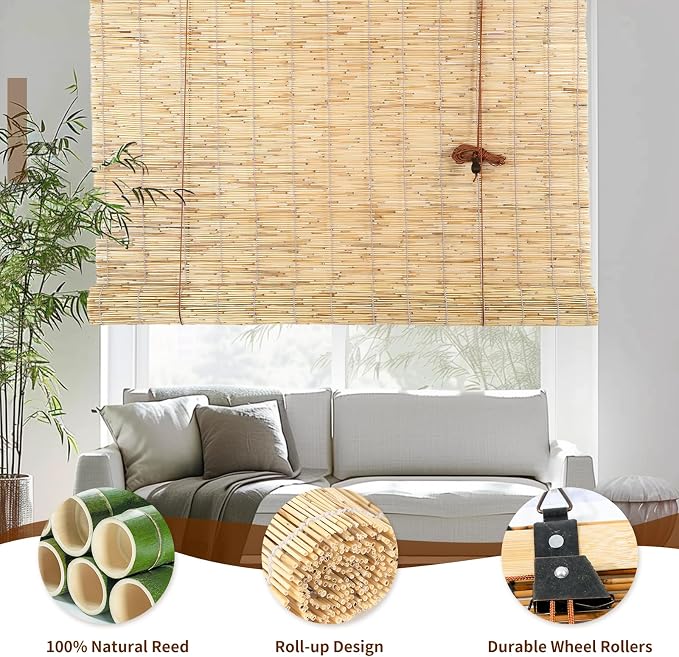 Reed Roller Blinds Shades, Vertical Lifting and Breathable Waterproof Design, Sun Shade and Ventilation, Easy Installation,35" Wx72 H