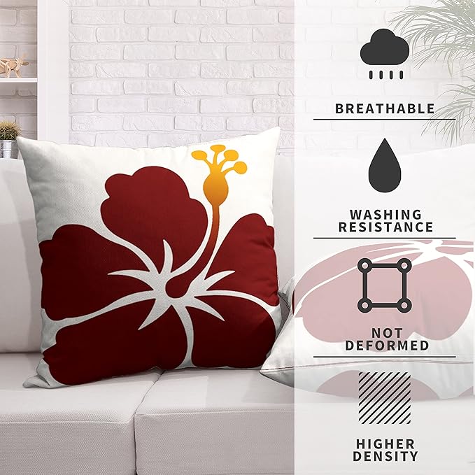 Tropical Plant Decor Pillow Covers 18x18 Set of 2 Summer Hawaiian Home Decor Throw Pillow Covers Red Flowers Petals Linen Square Pillowcase for Living Room Couch Sofa Patio