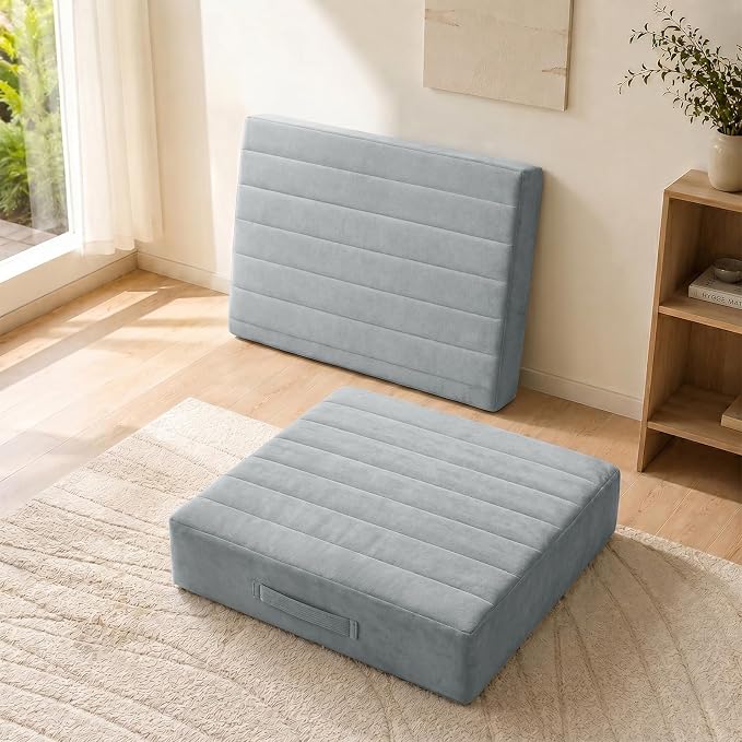 JKMAX 2 Pcs High Density Foam Floor Pillow - Upgraded Large Pillows Seating for Adults - Outdoor Floor Cushion with Soft Tufted Cover - Yoga Pillows for Sitting On Floor - 22 Inch Light Gray