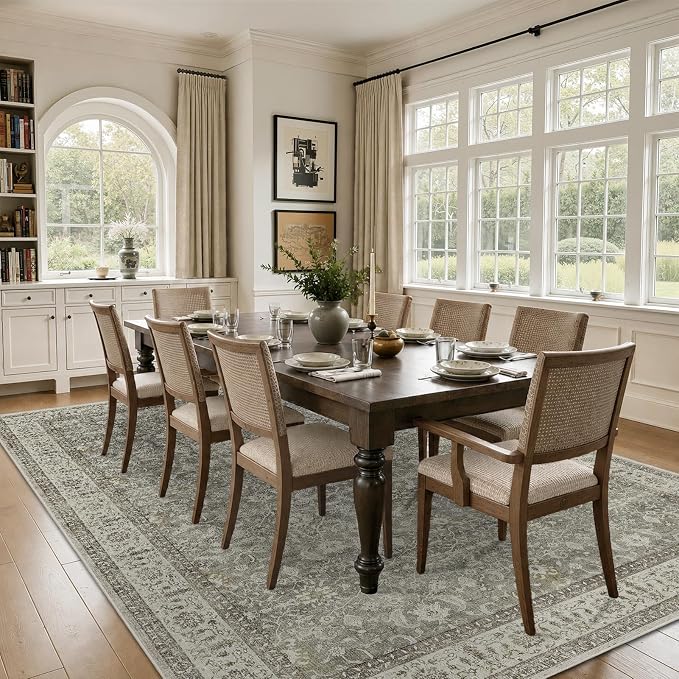 Living Room Rug 8x10 Neutral Gray, Washable Non Slip Carpet for Dining Room Low Pile Thin, Transitional Modern Faromhouse Print Area Rugs for Bedroom Home Office Playroom, Gray/Beige/Olive