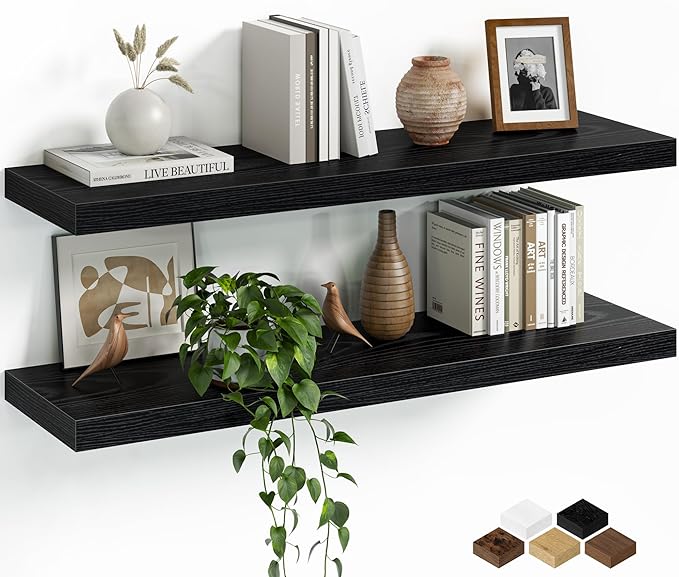 Fun Memories Floating Shelves for Wall, 32 Inch Set of 2 Rustic Wood Wall Shelves with Invisible Brackets, Heavy Duty Storage Display for Living Room Bedroom Kitchen, Black