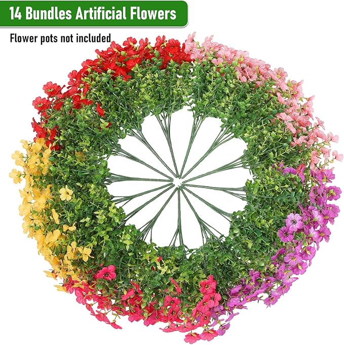Powbrace Artificial Flowers Outdoor Fake Plants, Faux Silk Flowers Plastic Plants for Outdoors Indoor Outside Front Porch Hanging Planter Window Box Garden Home Spring Decoration, 14 Pack (Mix)