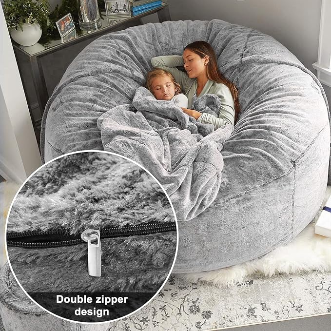 BCU Bean Bag Cover Comfy Beanbag Chair for Adults Without Filler Faux Fur Lazy Sofa Cover for Living Room Chairs, Grey, 3.5FT