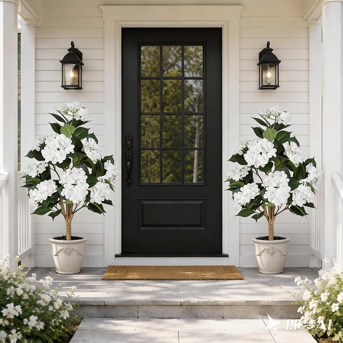 Faux Hydrangea Tree 3ft Set of 2,Artificial Hydrangea Bush UV Resistant,Fake Hydrangea with White Flowers in Pot,Artificial Plants for Outdoor Indoor Front Porch Patio Office Decor