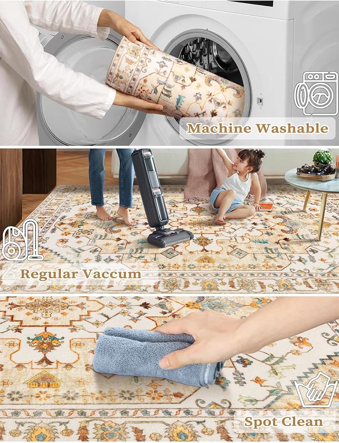 SERISSA Boho Washable Runner Rug, 2'6"x8' Non-Slip Vintage Peach Cream Hallway Kitchen Runner Rug Ultra Soft Print Distressed Floor Carpet for Bedroom Bathroom Laundry Room