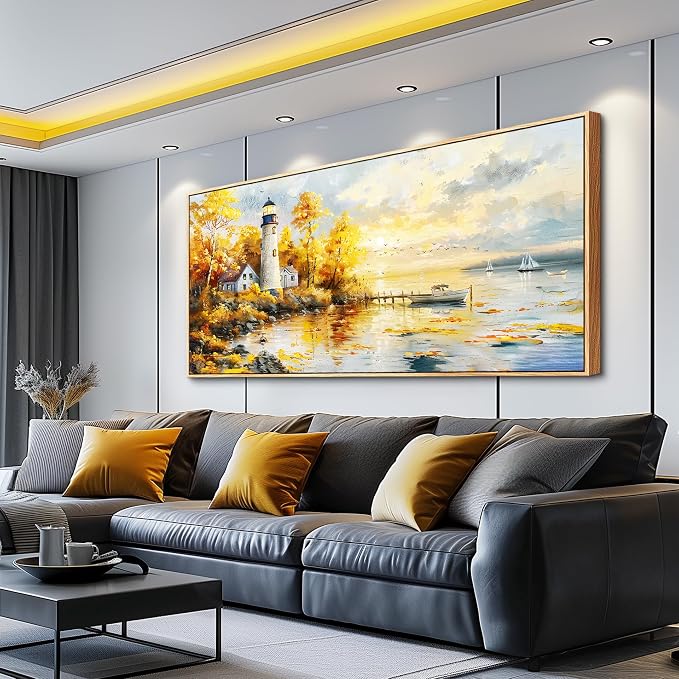XIGUANGART Extra Large Wall Art for Living Room Modern Framed Coastal Beachy Canvas Wall Art Big Floral Sunrise Yellow Wall Picture Lighthouse Nature Sunset Artwork for Office Bedroom Decor 32x72 In