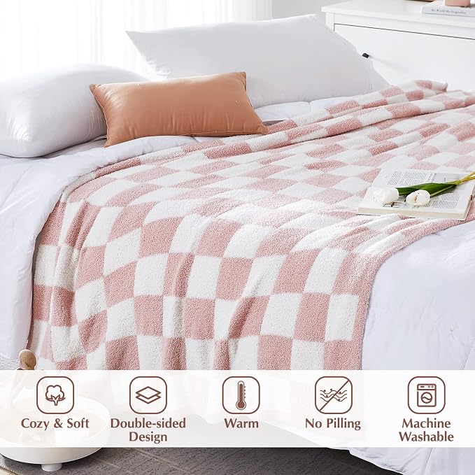 WRENSONGE Soft Checkered Throw Blanket for Couch-Cozy Warm Knitted Blankets | Lightweight Warm Fluffy Decor for Women, Mom, Her & Girls, Sofa, Chair, Bed, 50x70in, Pink