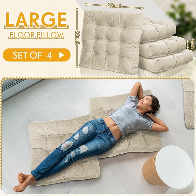 Jerify 4 Pcs Floor Pillow Cushions Large Round Square Large Meditation Floor Pillow for Classroom Adult Meditation Picnic Party Seating Learning Daycare School (Square,Beige)