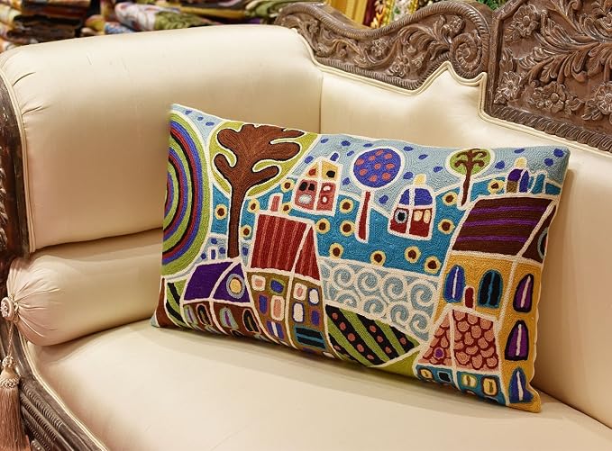 Blue Plant Pattern Throw Pillow Cover | Karla Gerard Artwork Pillows | Floral Couch Cushion | Kids Room Pillowcase | Plant Sofa Pillows | Hand Embroidered Cushions Wool Size - 14x24