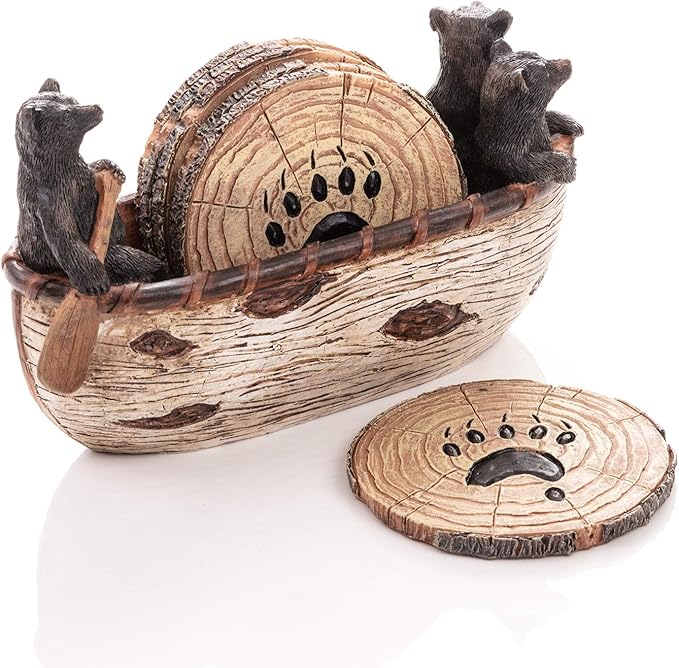 Bear Coasters Set of 6 Full Size Rustic Coasters in Handmade Canoe with Adorable Black Bear Figurines - Log Cabin Decorations, Rustic Lodge Decor for The Home