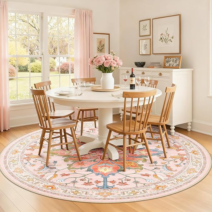 RELEANY Area Rugs 8ft Washable Non-Slip, Floral Vintage Distress Print Pattern Medallion Carpet for Living Room Bedroom Dining Room, Light Pink Colorful