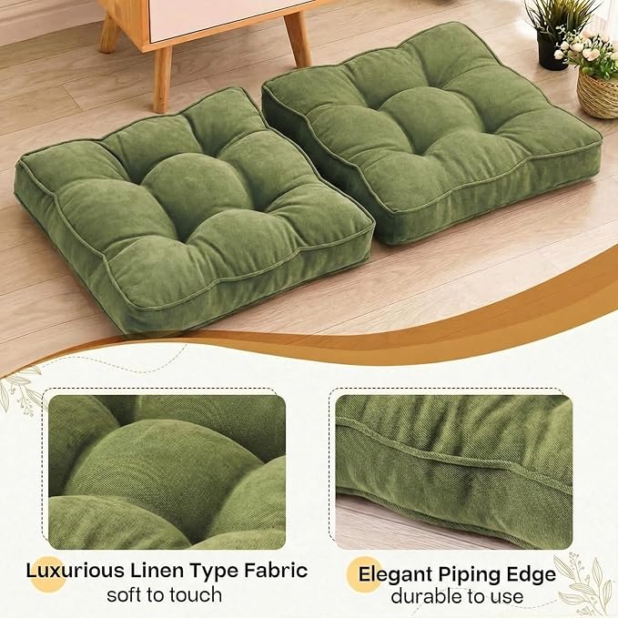 1 MIDDLE ONE Floor Pillow Set of 2, Memory Foam Floor Cushions for Adults, Large Meditation Pillow for Sitting, 22 x 22 Inches (Square | Green)