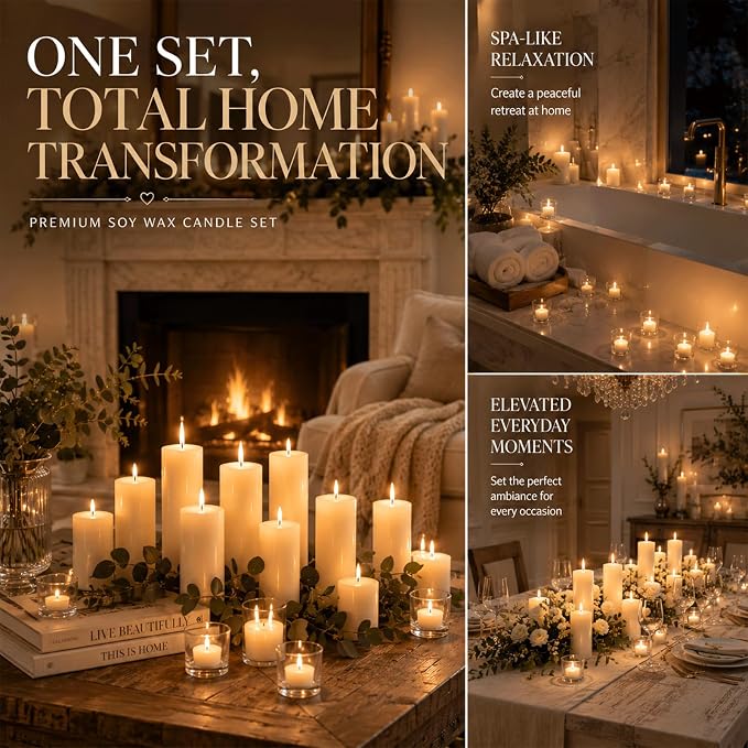 Soy Wax Pillar Candle Set of 18,Unscented White Pillars (2x3, 2x6, 2x8 in) & 12 Tea Lights, Long Clean Burning, Smokeless Natural Soy Candles for Wedding, Party, Home,Dinner Table, Emergency