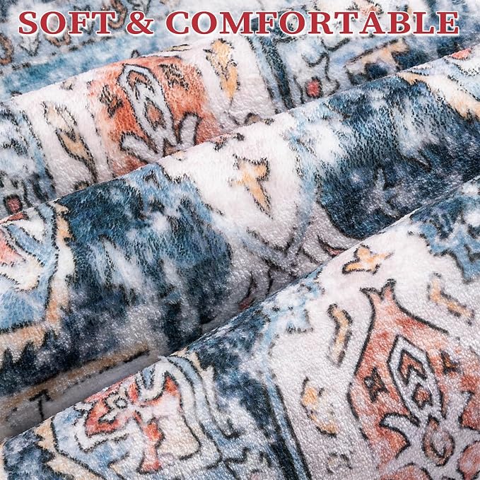 SERISSA Boho Area Rugs for Entryway, 3x4 Washable Non-Slip Kitchen Rug, Ultra Soft Print Distressed Blue Orange Rug Low-Pile Throw Door Mat Indoor Entrance Carpet for Bedroom Living Room Dorm Decor