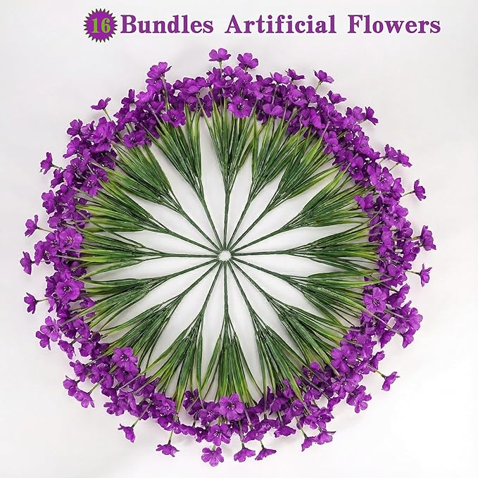 Geegoods Artificial Mums Flowers for Outdoors, 16 Bundles UV Resistant Fake Plastic Purple Flowers for Patio Porch Spring Summer Decor
