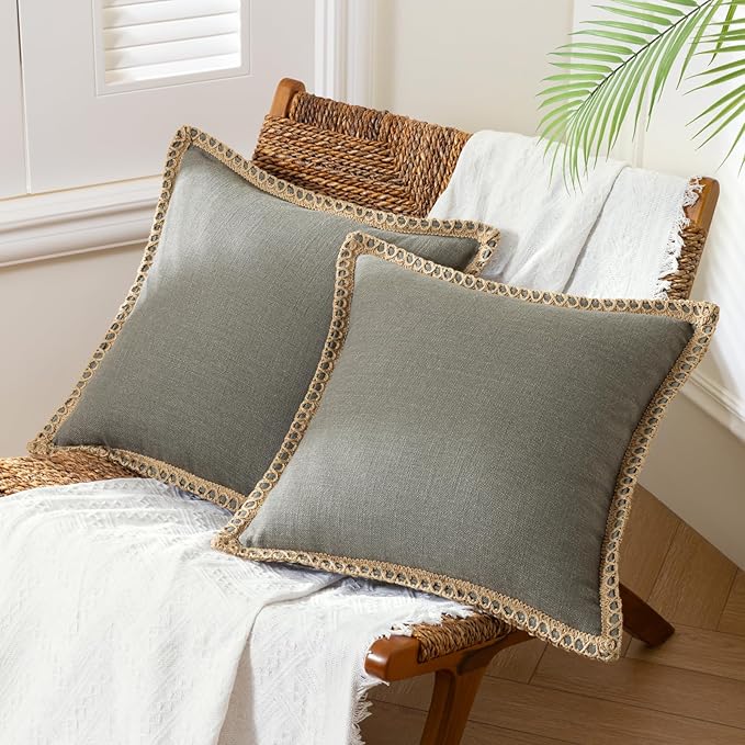 Phantoscope Pack of 2 Farmhouse Decorative Solid Throw Decorative Pillow Cover Burlap Linen Trimmed Tailored Edges Pillowcase, Grey, 18 x 18 inches, 45 x 45 cm