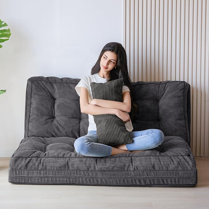 MAXYOYO Folding Sofa Bed, Tufted Bean Bag Bed with Pillows Floor Couch for Adults, Extra Thick and Long Floor Sofa, Twin Couch Bed for Bedroom Living Room, Dark Grey, 39x91 Inch