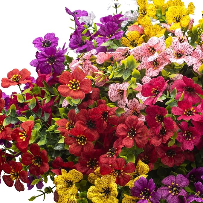 Grunyia Artificial Fake Flowers for Outdoor Decoration, 16 Bundles Faux Silk Colorful UV Resistant Realistic for Outside Porch Patio Home Yard Garden Planters Pots Window Box (Mix(6 Color))