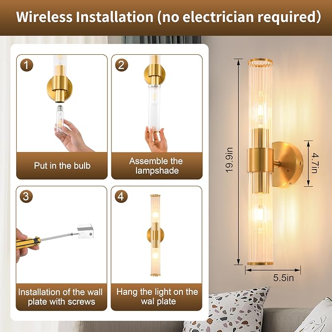 Morauroral Brushed Gold Battery Operated Wall Sconce, Dimmable Rechargeable Wall Light with Remote, Touch Control, Modern LED Wireless Sconce for Living Room, Bedroom, 20 Inch