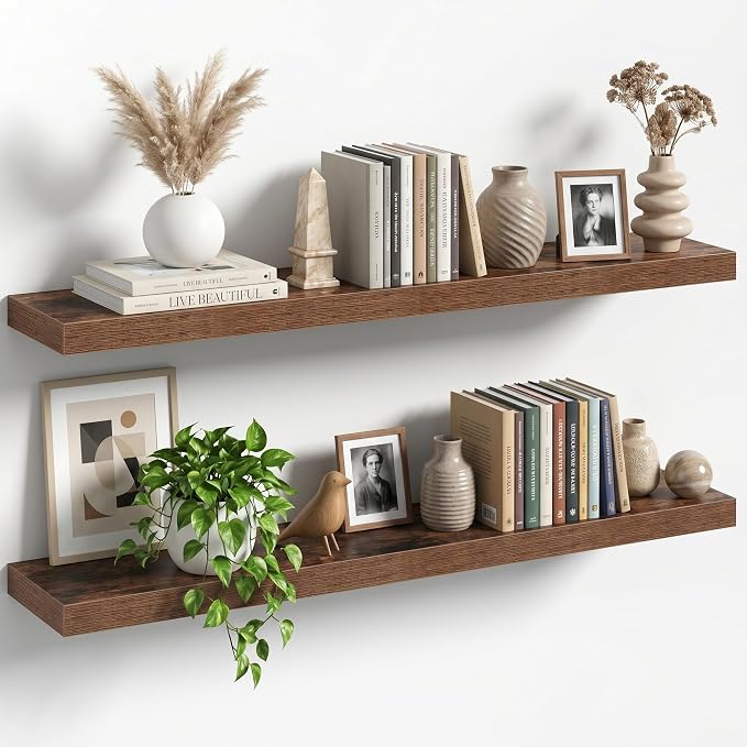 40" Floating Shelves for Wall, Set of 2, 8" Deep, 1.5" Thick, Brown | Rustic Wood Wall Shelves with Invisible Brackets, Storage and Display for Bathroom, Bedroom, Living Room or Kitchen
