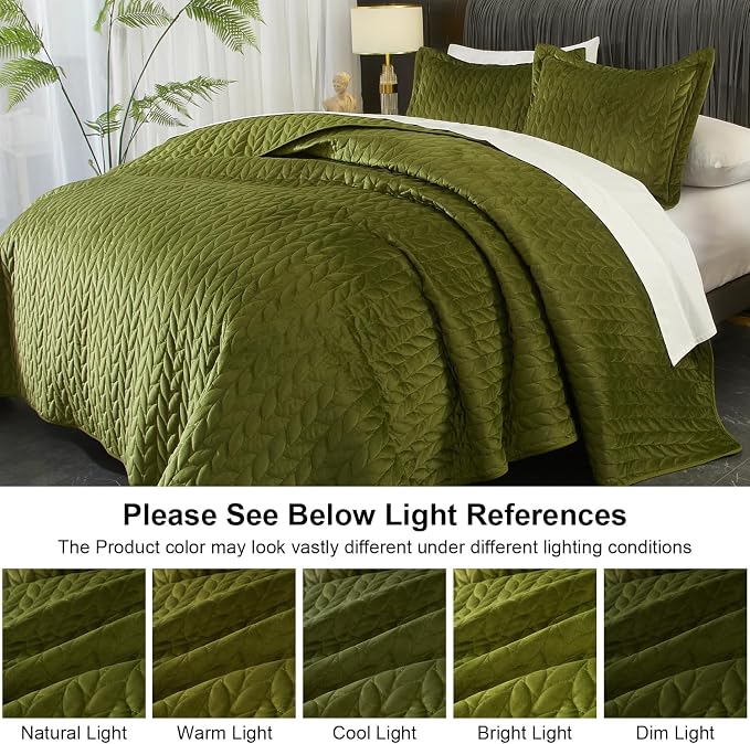 Ivellow Velvet Quilt King Size, Green Lightweight Bedspread Full Soft Reversible Coverlet for All Season 3Pcs Luxury Velvet Comforter with Brushed Microfiber Back Leaf Embroidered Quilted Bedding Set