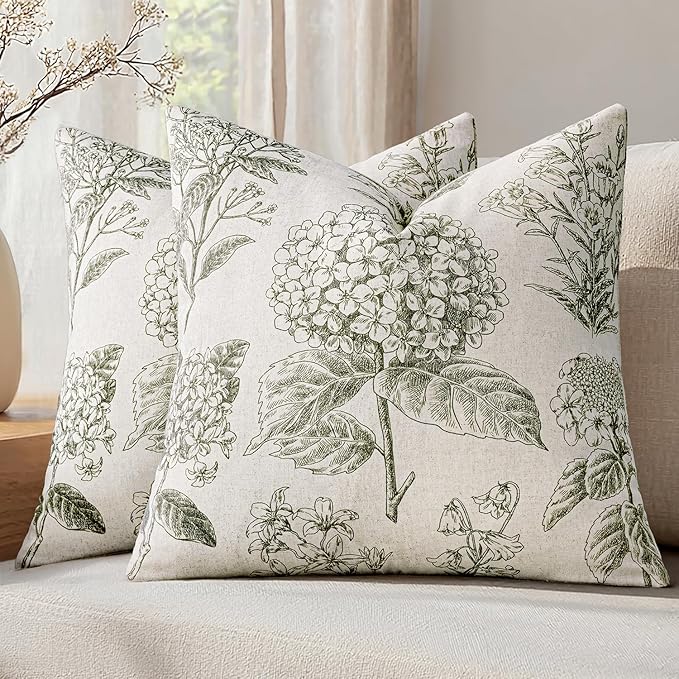 Set of 2 Decorative Floral Neutral Pillow Covers 22x22 Inch Light Green Hydrangea Print Spring Boho Vintage Throw Cushion Covers for Sofa Couch Porch Bedroom Living Room Summer Home Decor