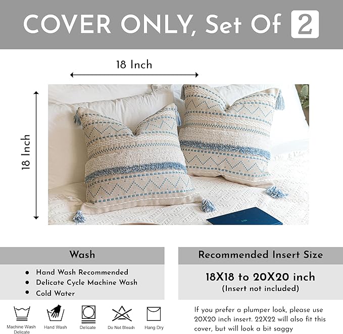 BlissBlush Decorative Throw Pillow Covers 18X18 Combo Set of 2 Square Coastal Blue Boho Accent Pillowcase Tassels Farmhouse Cushion for Couch Sofa Bedroom Living Room Home Décor Cover ONLY
