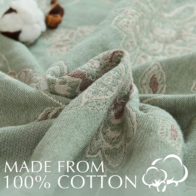 jinchan Boho 100% Cotton Muslin Queen Size 80x90 Inches Blanket Lightweight 4-Layer Quilted Soft Green and Beige Floral Throw Blanket Reversible Comfy Flower Rustic All Seasons Couch Bedroom Decor