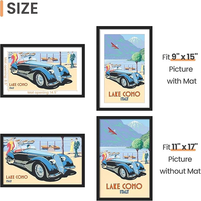 upsimples 11x17 Picture Frame, Display Pictures 9x15 with Mat or 11 x 17 Without, Wall Hanging Poster Frames, Black, 1 Pack
