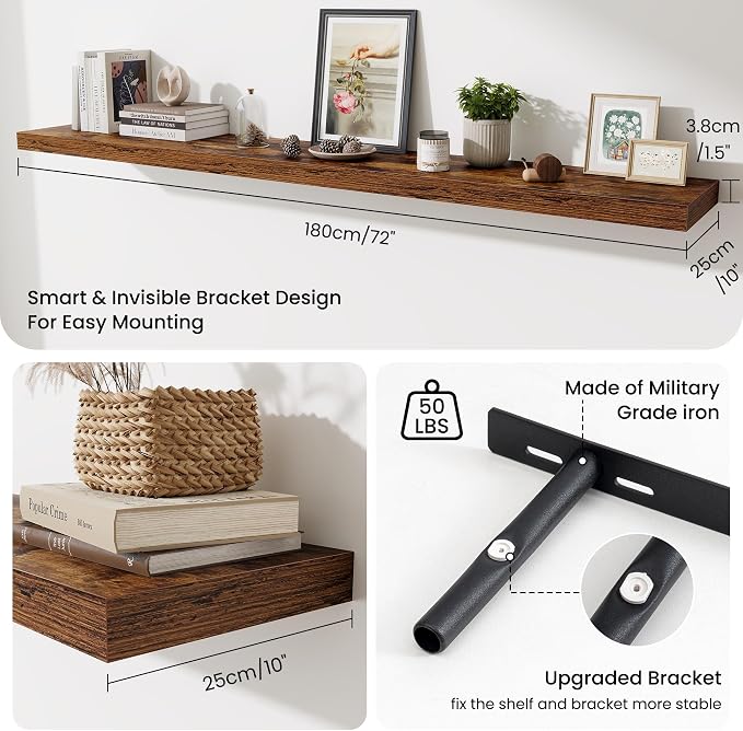 Fun Memories 72 Inch Fireplace Mantel Shelf, 10 Inch Deep Shelves for Display & Wall Storage, Rustic Wood Wall Shelf, Extra Long Floating Shelves for Living Room Laundry Room, Rustic Brown, Set of 2