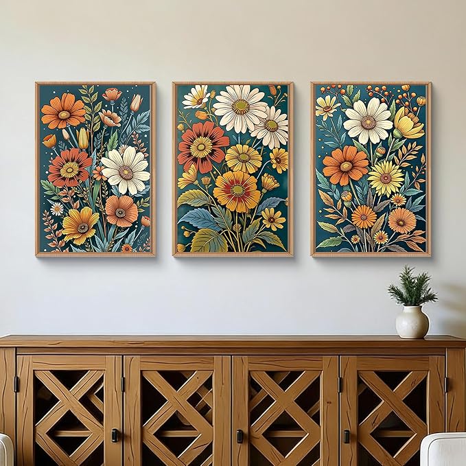 HOURIA Spring Boho Vintage Floral Framed Canvas Wall Art Set,Nordic Retro Colorful Wildflower & Green Leaves Wall Decor,Abstract Vibrant Bouquet Botanical Artwork for Living Room, Bedroom,Farmhouse-16"x24"x3