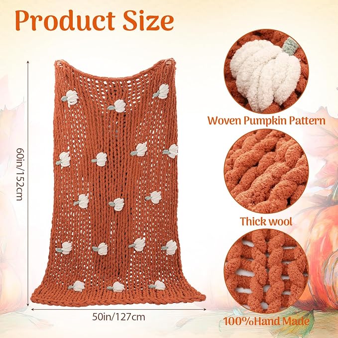 Mindsoft Chunky Knit Throw Blanket Large 50" X 60" Handmade Cream Chenille Loop Yarn Fluffy Soft Knitted Throw Big Cozy Thick Cable Knit Crochet Blanket for Couch Sofa Bed (Burnt Orange,Pumpkin)