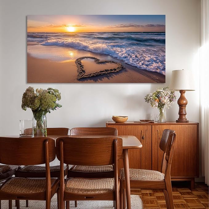Ggaafet Romantic Love Beach Wall Art for Living Room Canvas Painting Prints Romance Sunset Brown Sandbeach Art Deco Modern Artwork Office Bedroom Family Room Decor Extra Large