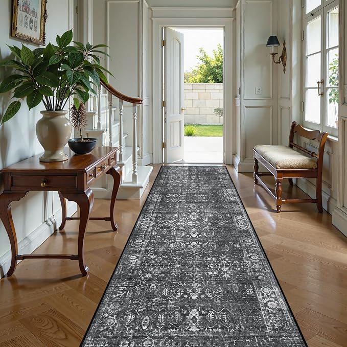 Lahome Margot Black Washable Runners for Hallways, Boho 2'6"x10' Kitchen Runner Rugs Non Skid Indoor Bathroom Runner Rug, Distressed Carpet Runners for Bedroom Entryway (2'6"x10', Black/Grey)