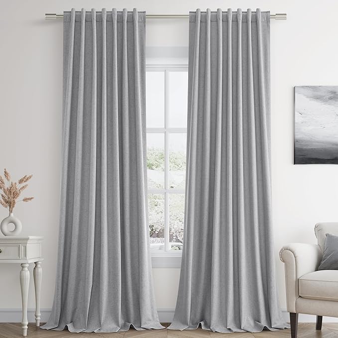 Guken Grey 100% Blackout Curtains 102 Inch Length 2 Panels Set for Living Room Bedroom Back Tab Thermal Insulated Black Out Linen Drapes Room Darkening Window Curtains 102 Inches Long
