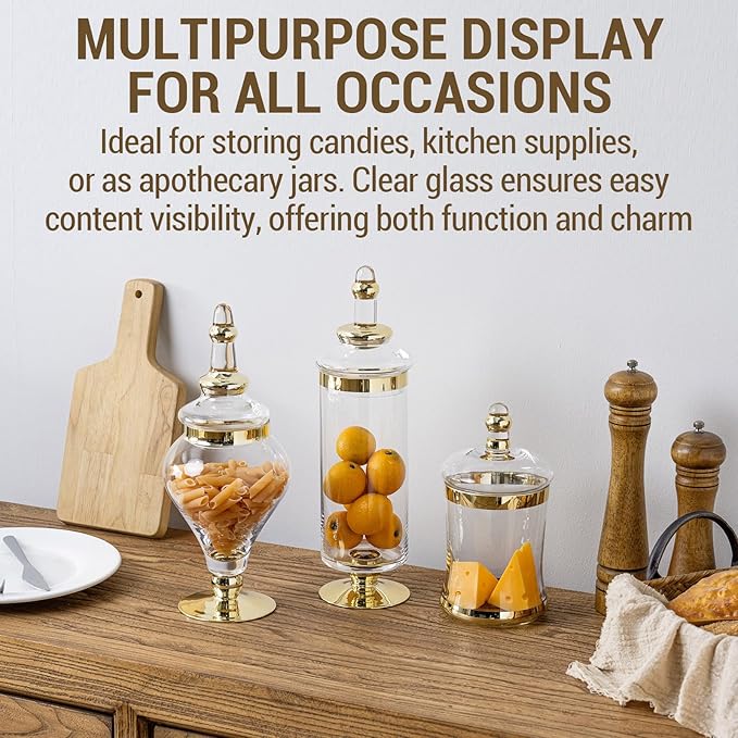 MyGift 3 Piece Set Antique Clear Glass Bathroom Apothecary Jars with Lid, Wedding Centerpiece, Kitchen Storage Jars with Metallic Brass-Tone Design